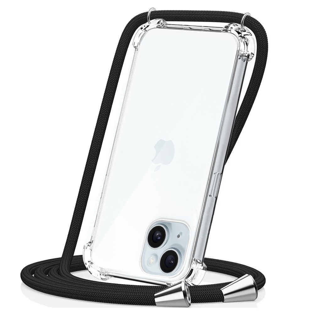 Etui do iPhone 15 Plus wzmacniane crossbody z czarną smyczą jak torebka, przeźroczyste