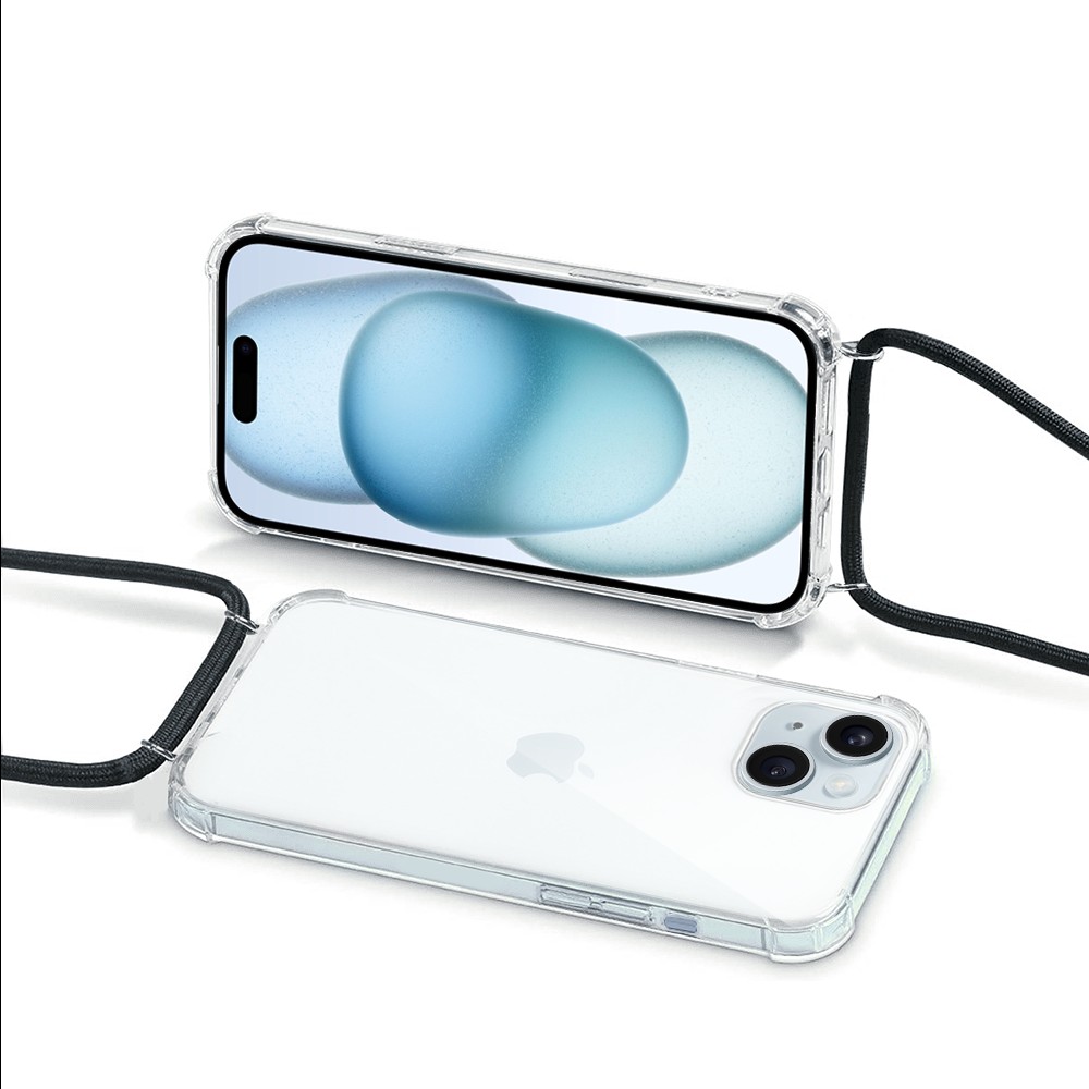 Etui do iPhone 15 Plus wzmacniane crossbody z czarną smyczą jak torebka, przeźroczyste
