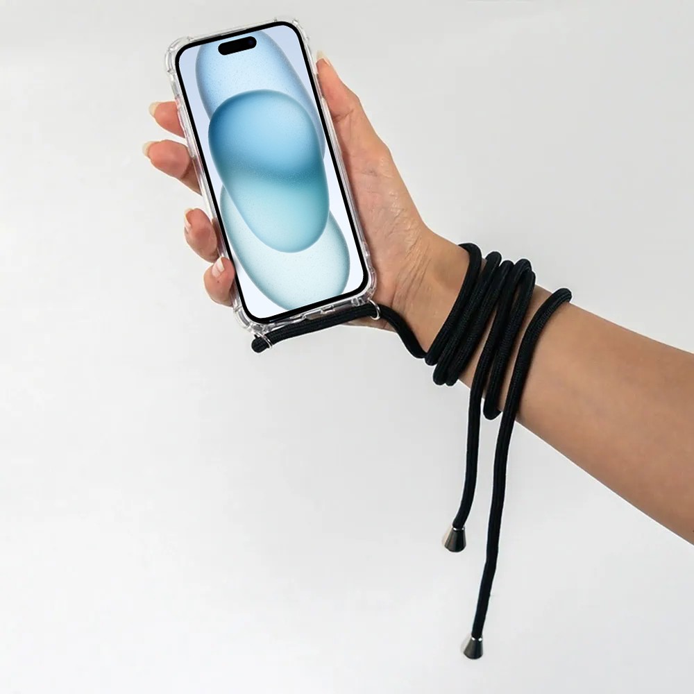 Etui do iPhone 15 Plus wzmacniane crossbody z czarną smyczą jak torebka, przeźroczyste