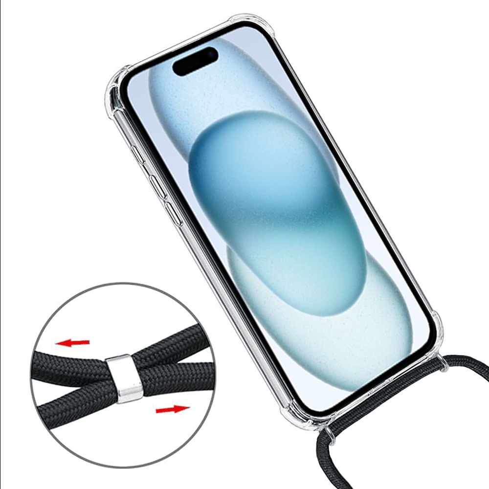 Etui do iPhone 15 Plus wzmacniane crossbody z czarną smyczą jak torebka, przeźroczyste