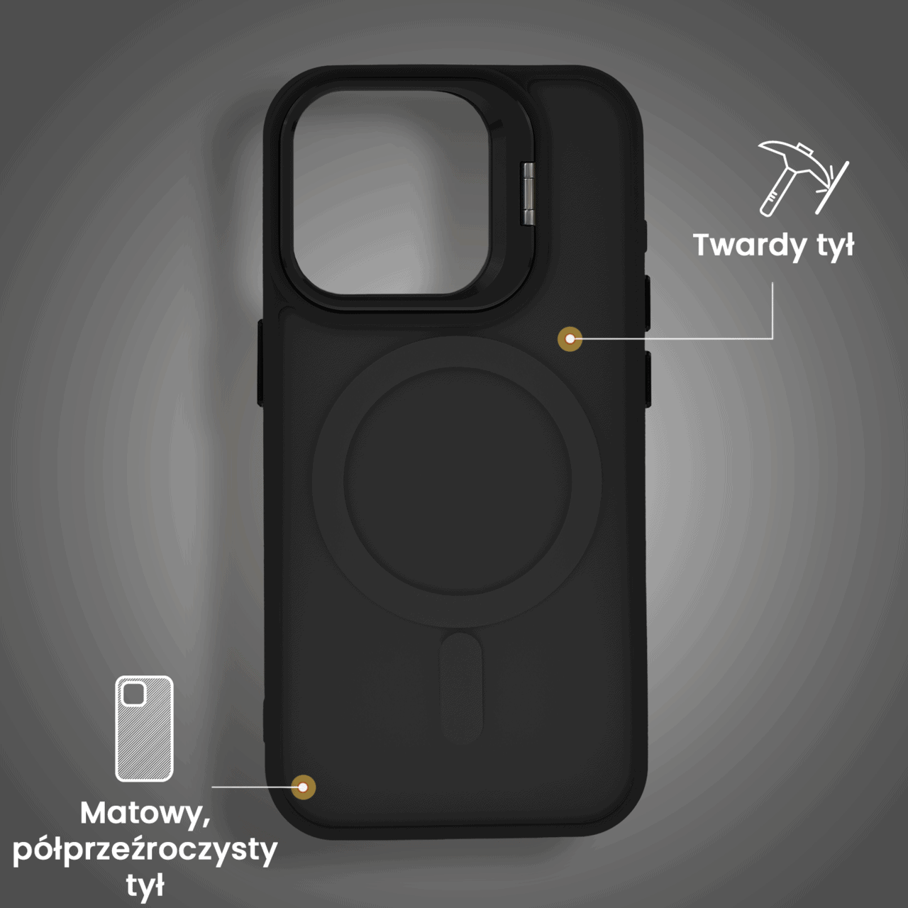 Etui do iPhone 15 Pro Max Arctic Stand, półprzeźroczyste, z osłoną aparatu i podstawką, czarne