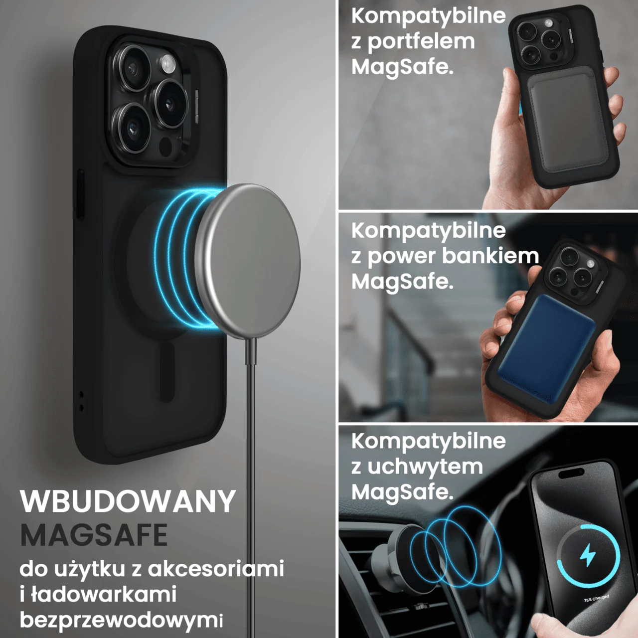 Etui do iPhone 15 Pro Max Arctic Stand, półprzeźroczyste, z osłoną aparatu i podstawką, czarne