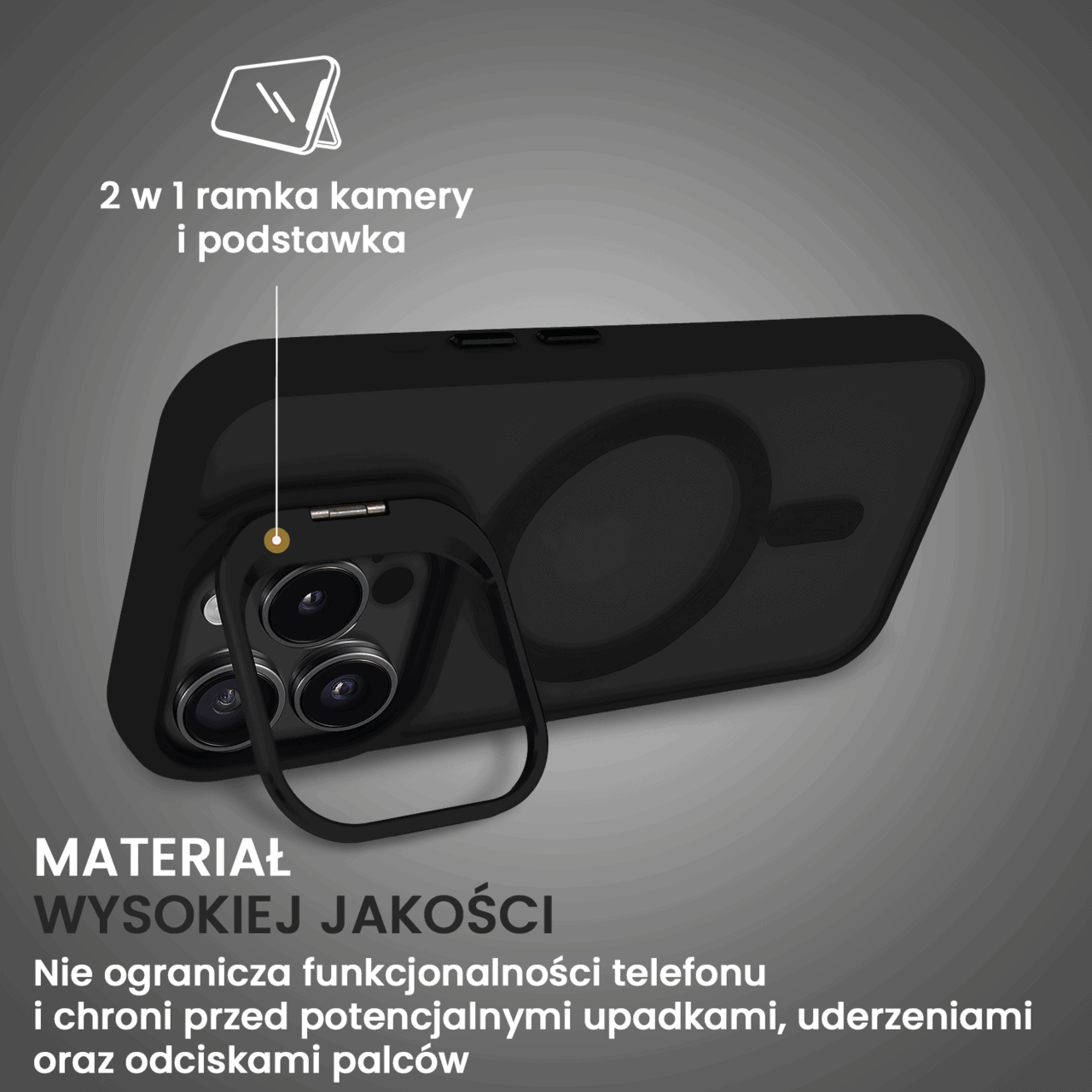 Etui do iPhone 15 Pro Max Arctic Stand, półprzeźroczyste, z osłoną aparatu i podstawką, czarne