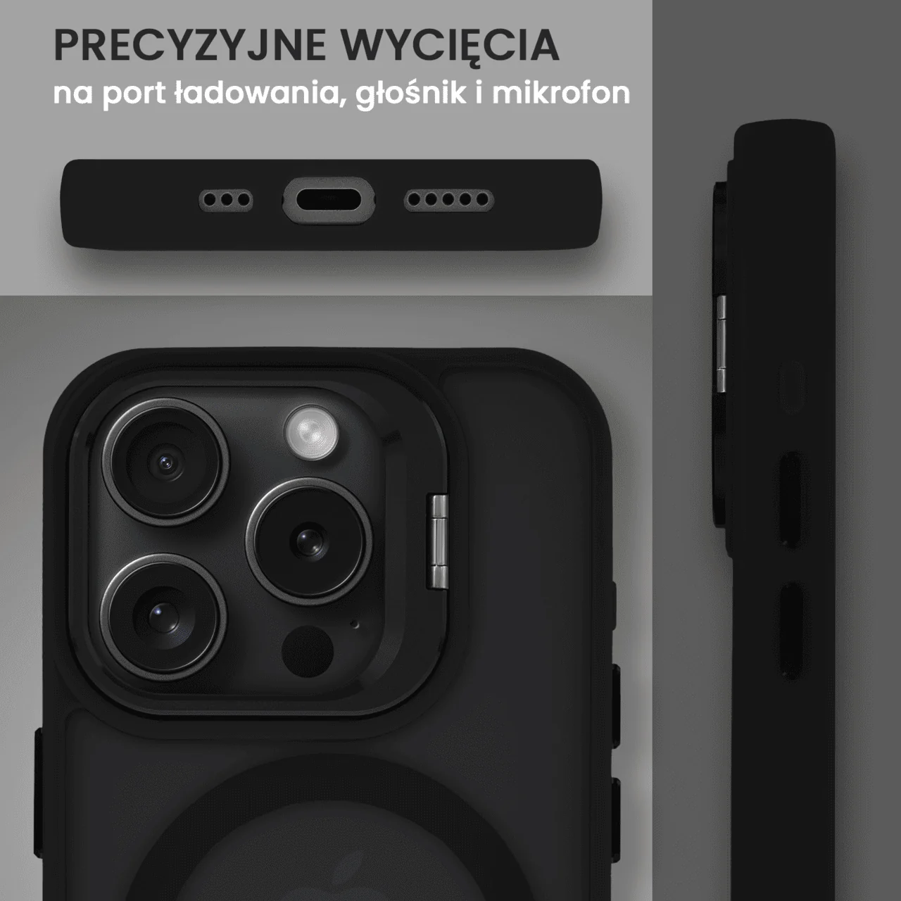 Etui do iPhone 15 Pro Max Arctic Stand, półprzeźroczyste, z osłoną aparatu i podstawką, czarne