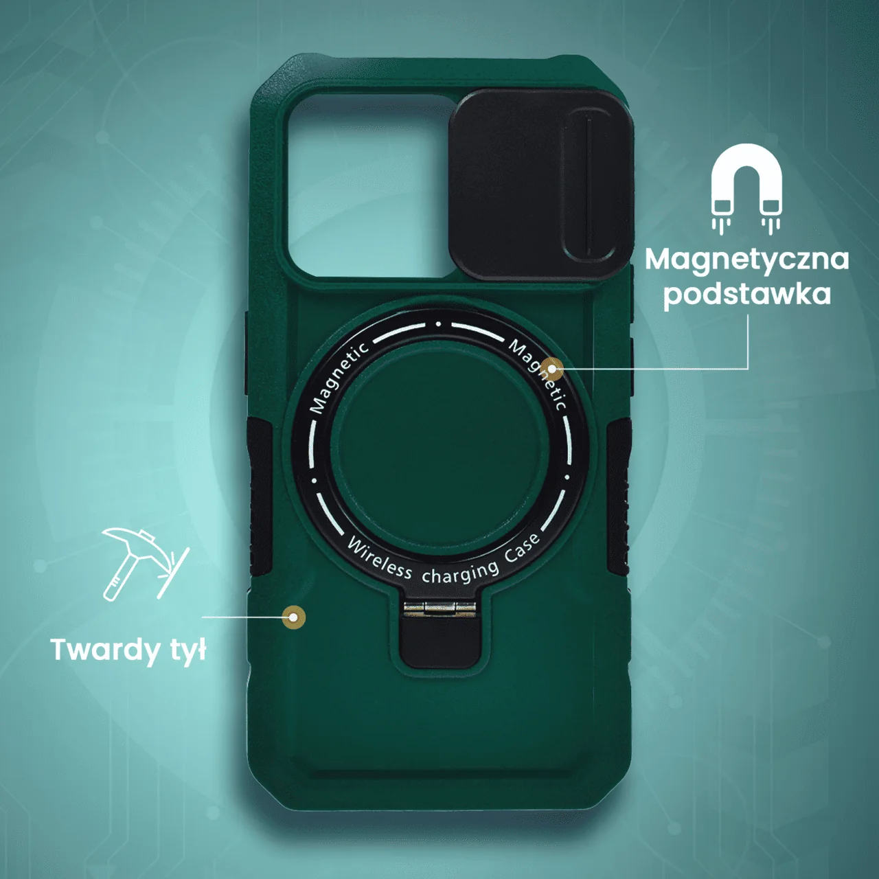 Etui do iPhone 15 Pro MagSafe Slide Camera Stand pancerne, osłona kamery z podstawką, zielone