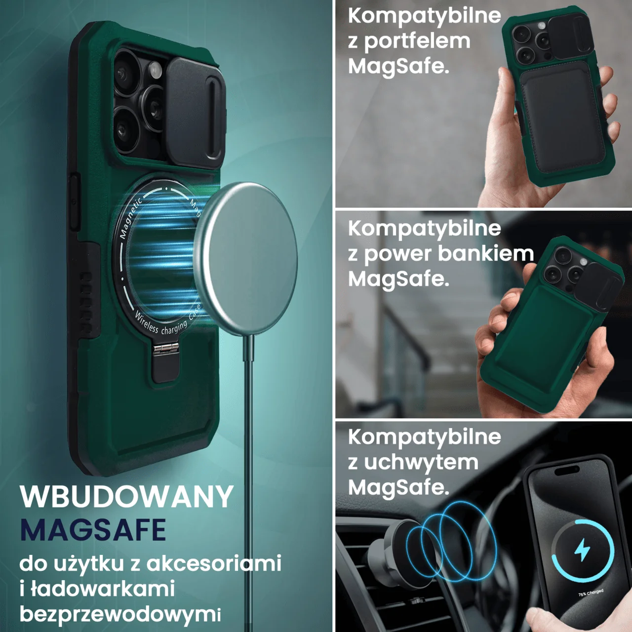 Etui do iPhone 15 Pro MagSafe Slide Camera Stand pancerne, osłona kamery z podstawką, zielone