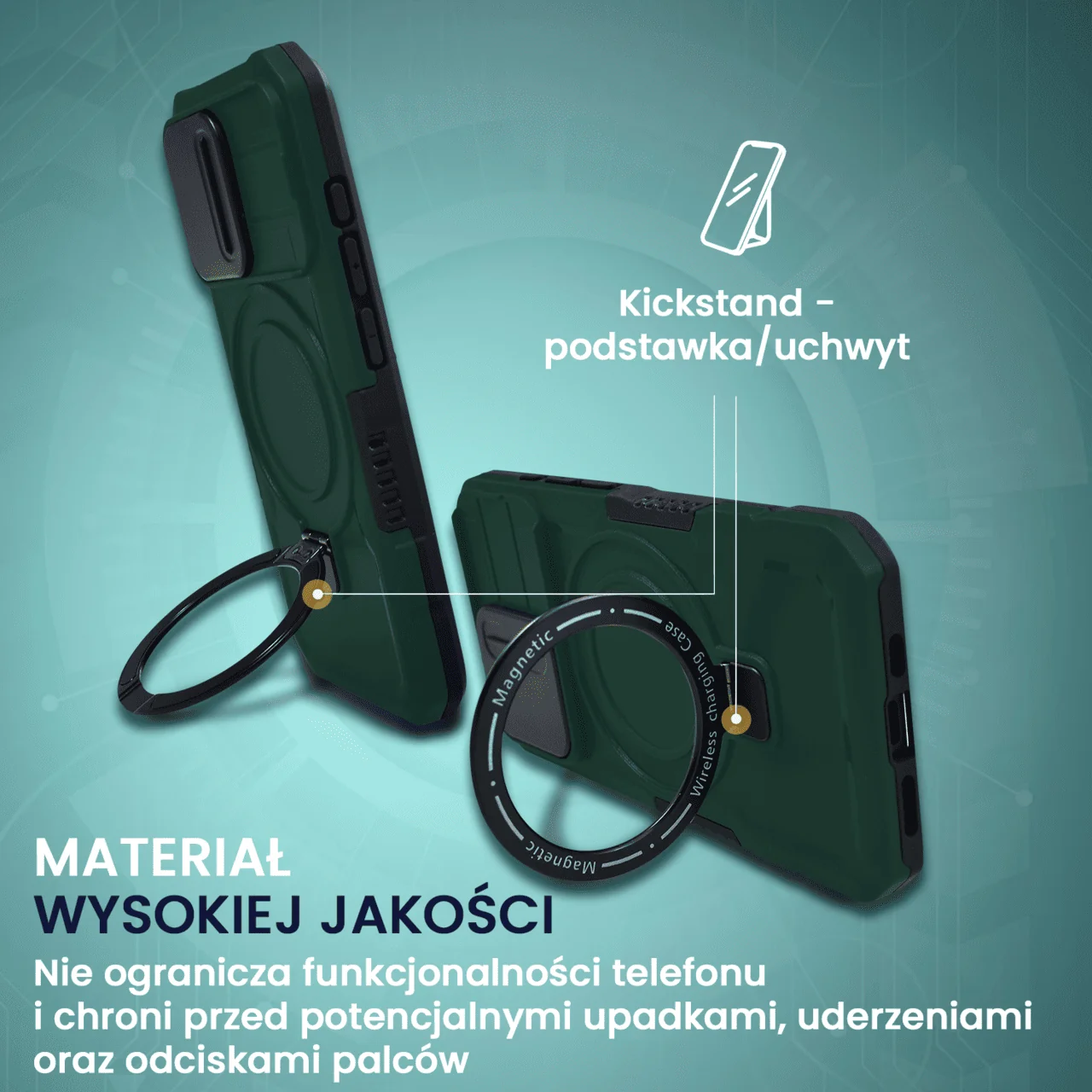 Etui do iPhone 15 Pro MagSafe Slide Camera Stand pancerne, osłona kamery z podstawką, zielone