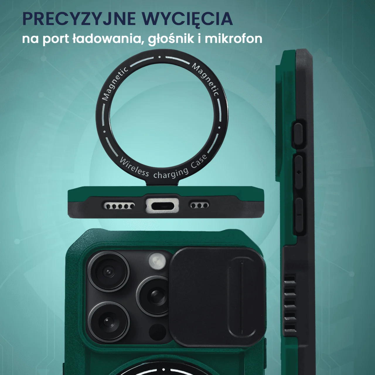 Etui do iPhone 15 Pro MagSafe Slide Camera Stand pancerne, osłona kamery z podstawką, zielone