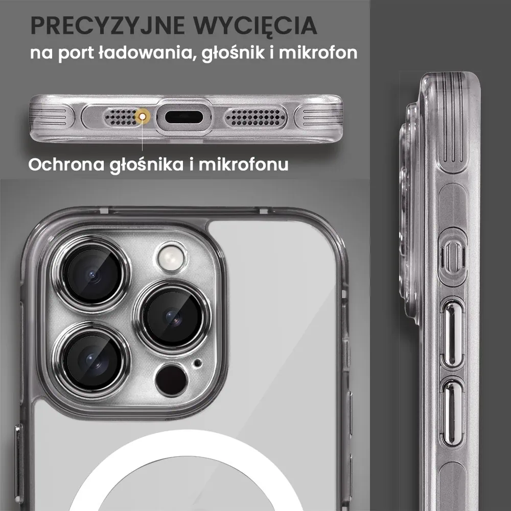 Etui do iPhone 15 Pro cienkie, wzmocnione, z ochroną anti shock oraz głośników, srebrne