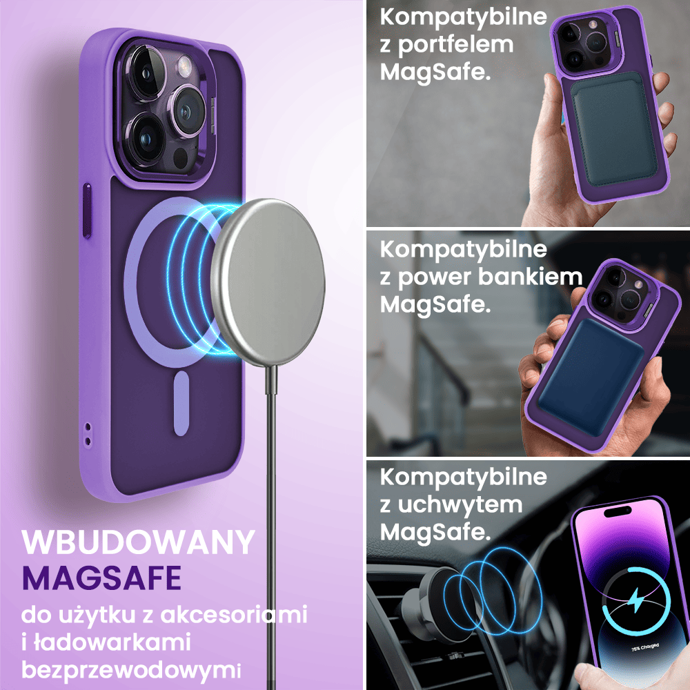 Etui do iPhone 14 Pro Arctic Stand, półprzeźroczyste, z osłoną aparatu i podstawką, purpurowe