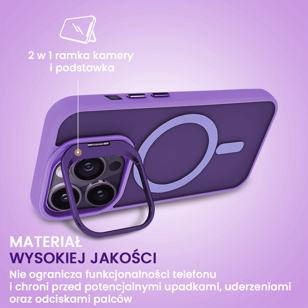 Etui do iPhone 14 Pro Arctic Stand, półprzeźroczyste, z osłoną aparatu i podstawką, purpurowe