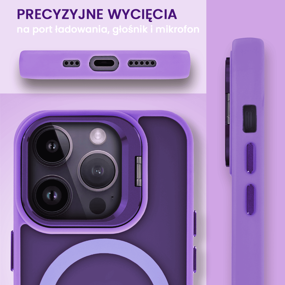 Etui do iPhone 14 Pro Arctic Stand, półprzeźroczyste, z osłoną aparatu i podstawką, purpurowe