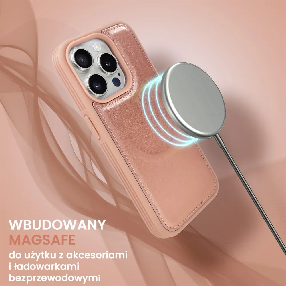Etui do iPhone 15 Pro Max 3w1 Magsafe Double Book, zestaw etui oraz kabura z podstawką, różowe złoto