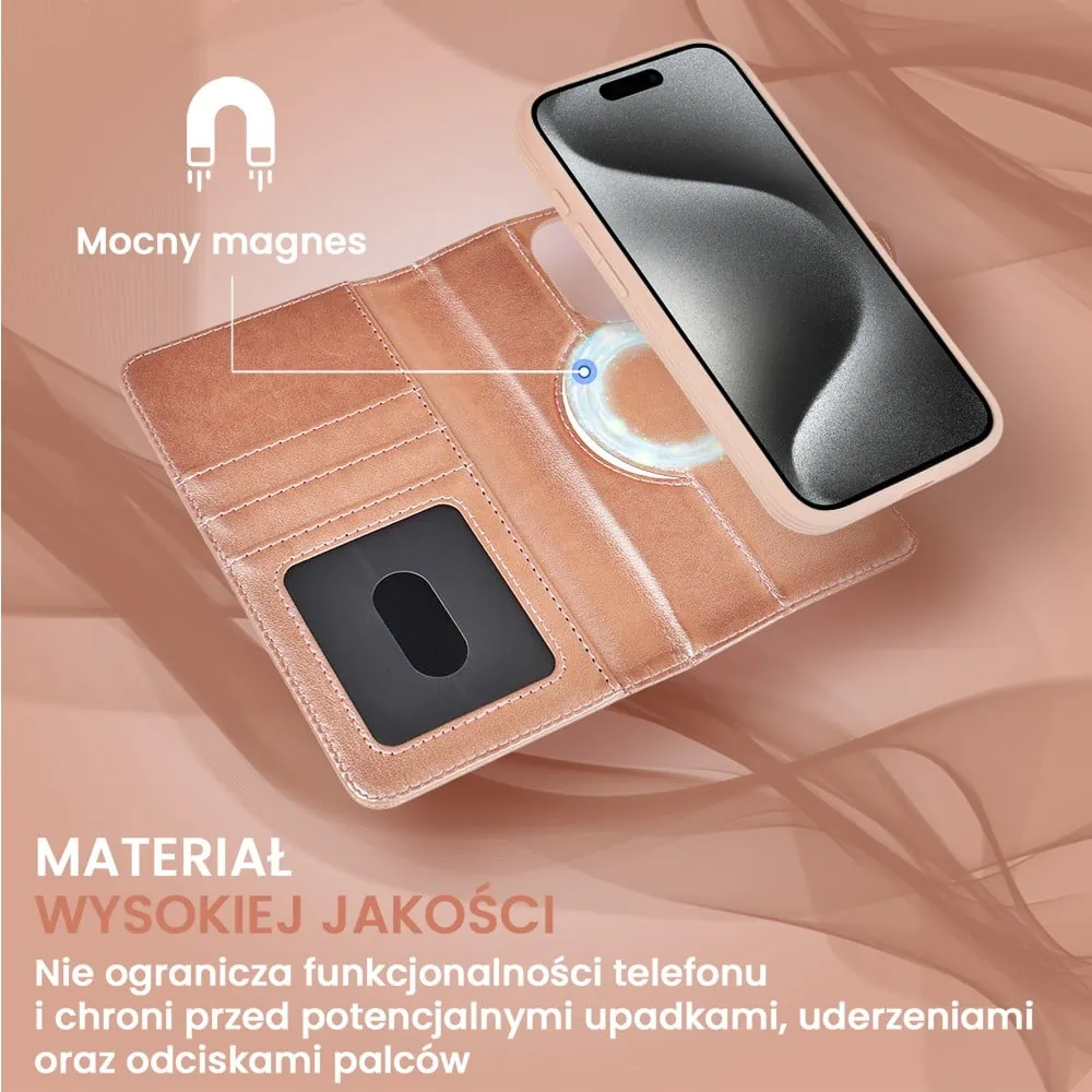 Etui do iPhone 15 Pro Max 3w1 Magsafe Double Book, zestaw etui oraz kabura z podstawką, różowe złoto