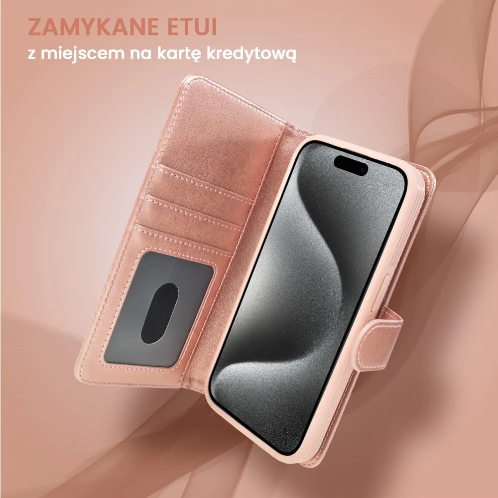 Etui do iPhone 15 Pro Max 3w1 Magsafe Double Book, zestaw etui oraz kabura z podstawką, różowe złoto