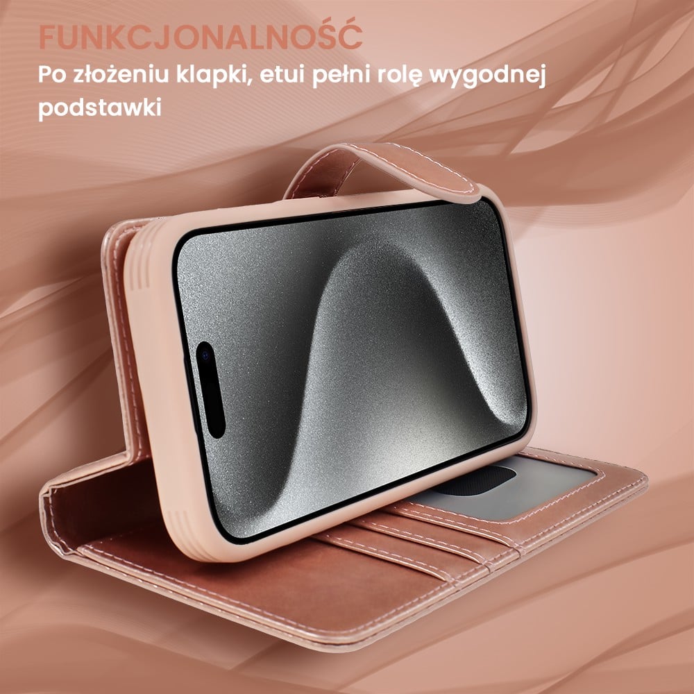 Etui do iPhone 15 Pro Max 3w1 Magsafe Double Book, zestaw etui oraz kabura z podstawką, różowe złoto