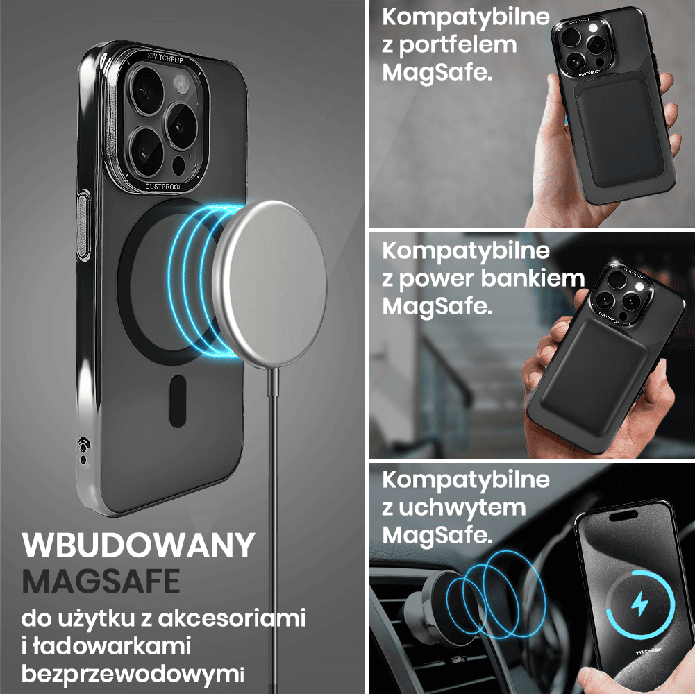 Etui do iPhone 15 Pro Cam Window, z osłoną aparatu i podstawką, twarde, czarne