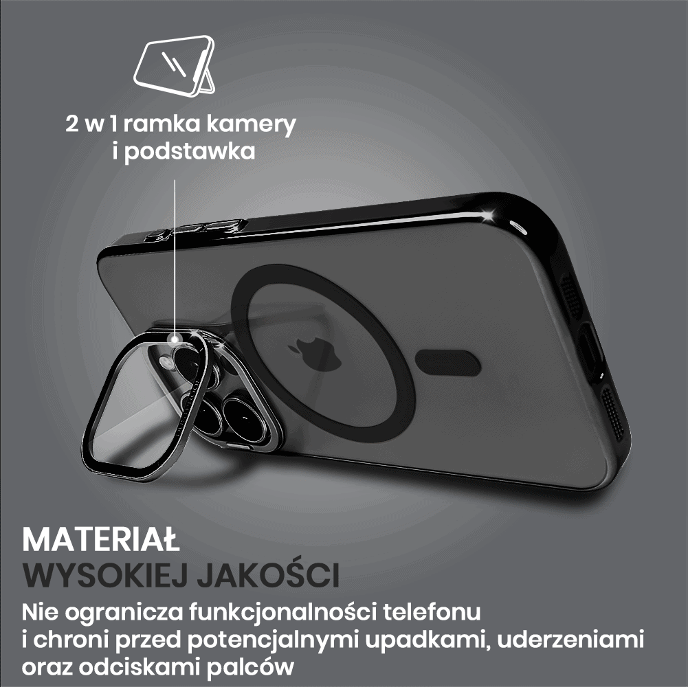 Etui do iPhone 15 Pro Cam Window, z osłoną aparatu i podstawką, twarde, czarne
