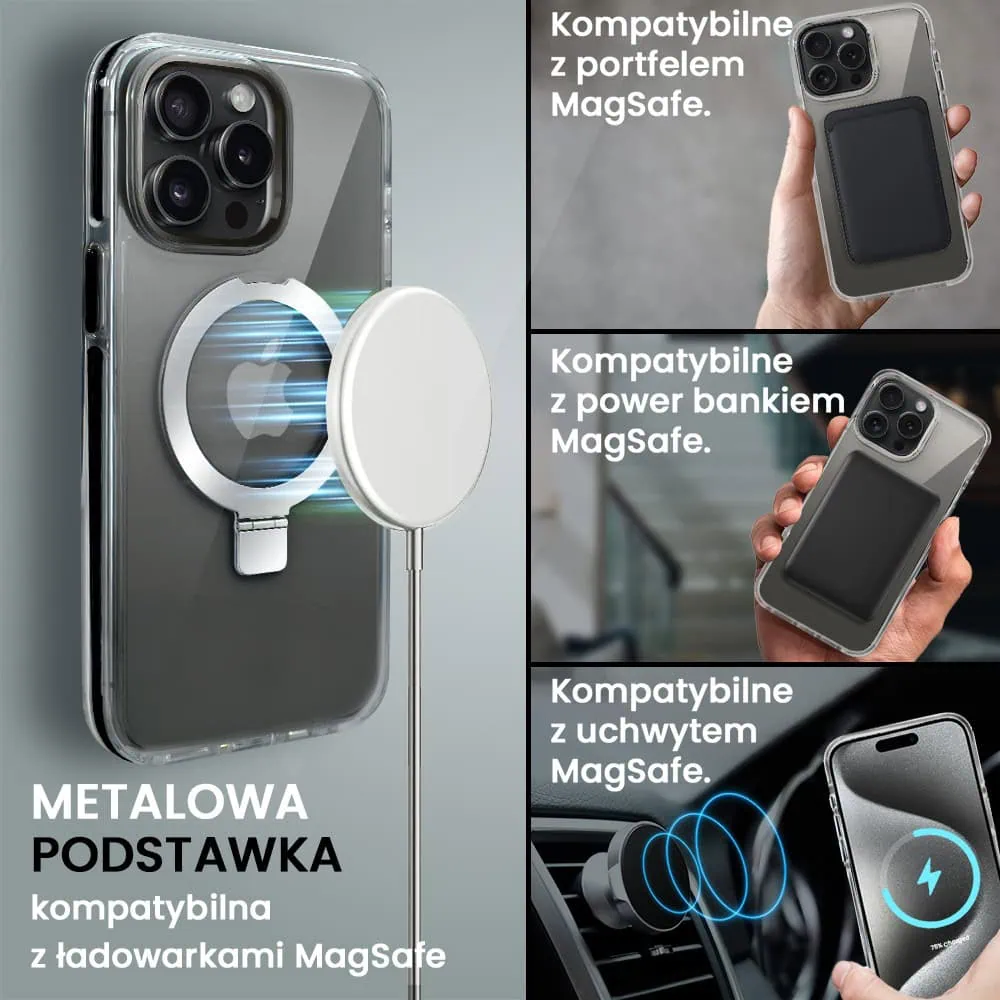 Etui do iPhone 15 Pro Max Clear Steel MagSafe, z podstawką, przeźroczysty tył, czarna ramka