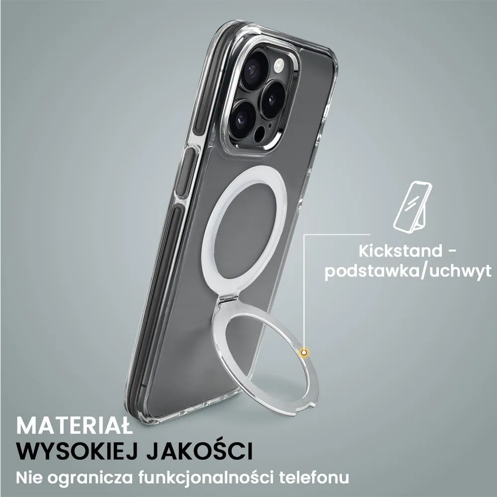 Etui do iPhone 15 Pro Max Clear Steel MagSafe, z podstawką, przeźroczysty tył, czarna ramka