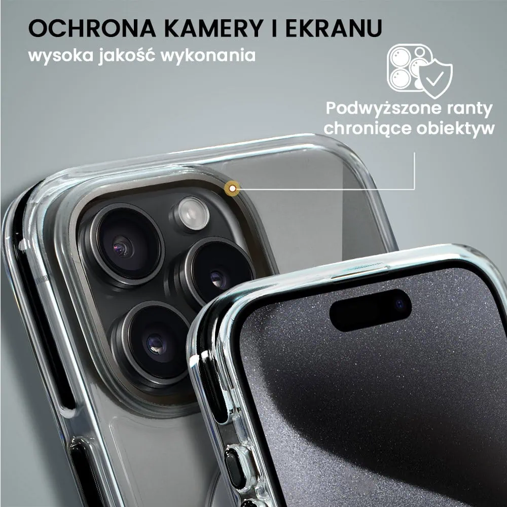 Etui do iPhone 15 Pro Max Clear Steel MagSafe, z podstawką, przeźroczysty tył, czarna ramka