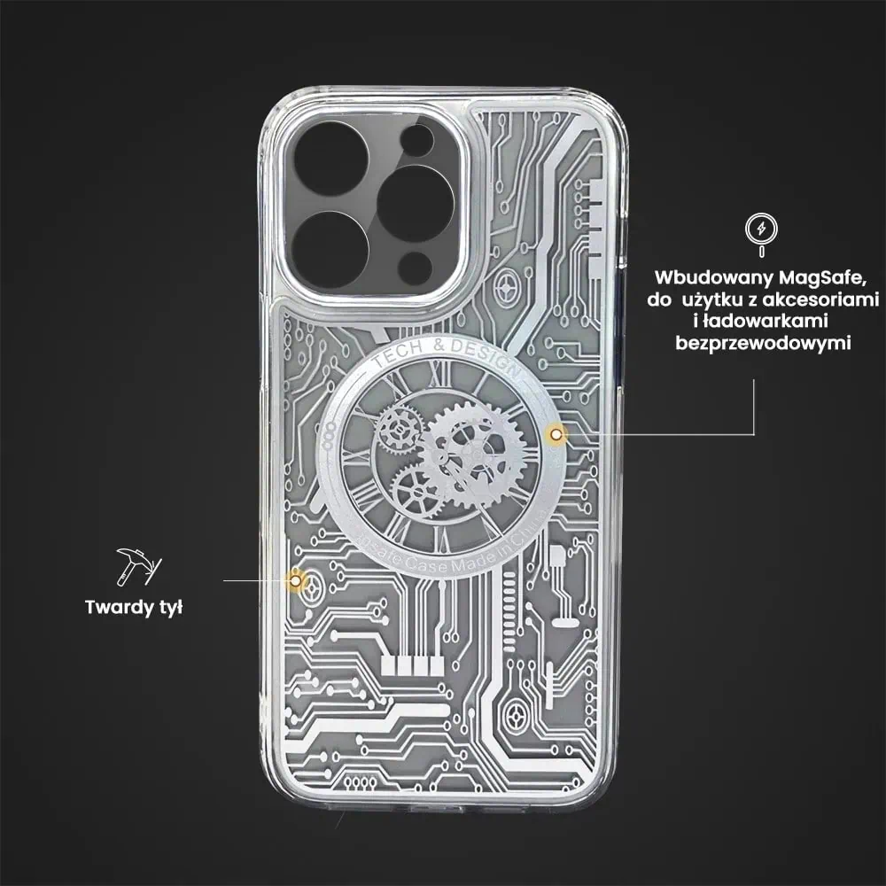 Etui do iPhone 15 Pro ClockWork MagSafe, przeźroczyste z mechanizmem w środku, srebrne