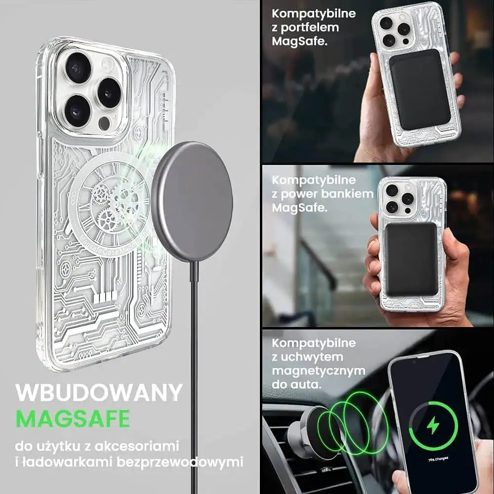 Etui do iPhone 15 Pro ClockWork MagSafe, przeźroczyste z mechanizmem w środku, srebrne