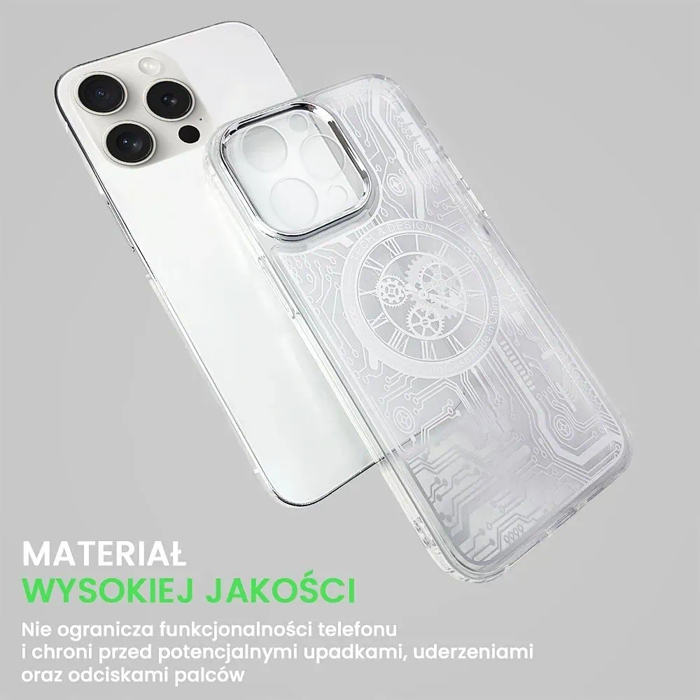 Etui do iPhone 15 Pro ClockWork MagSafe, przeźroczyste z mechanizmem w środku, srebrne