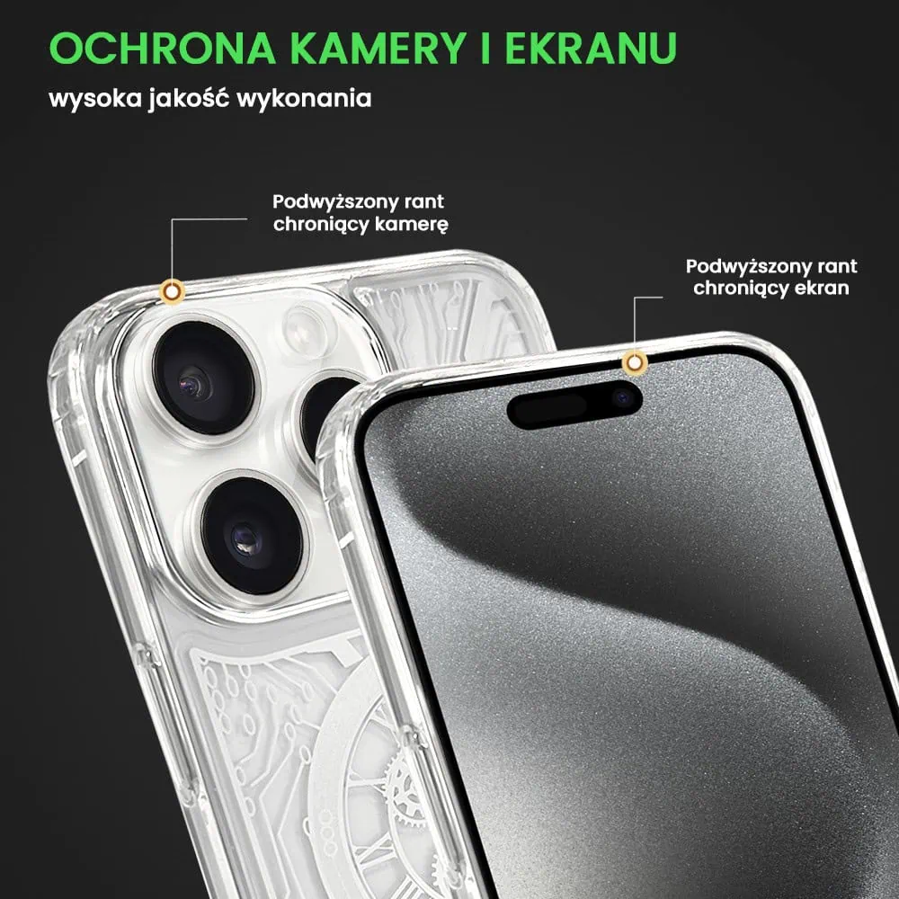 Etui do iPhone 15 Pro ClockWork MagSafe, przeźroczyste z mechanizmem w środku, srebrne