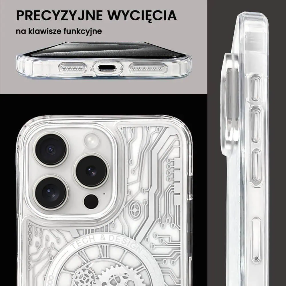 Etui do iPhone 15 Pro ClockWork MagSafe, przeźroczyste z mechanizmem w środku, srebrne