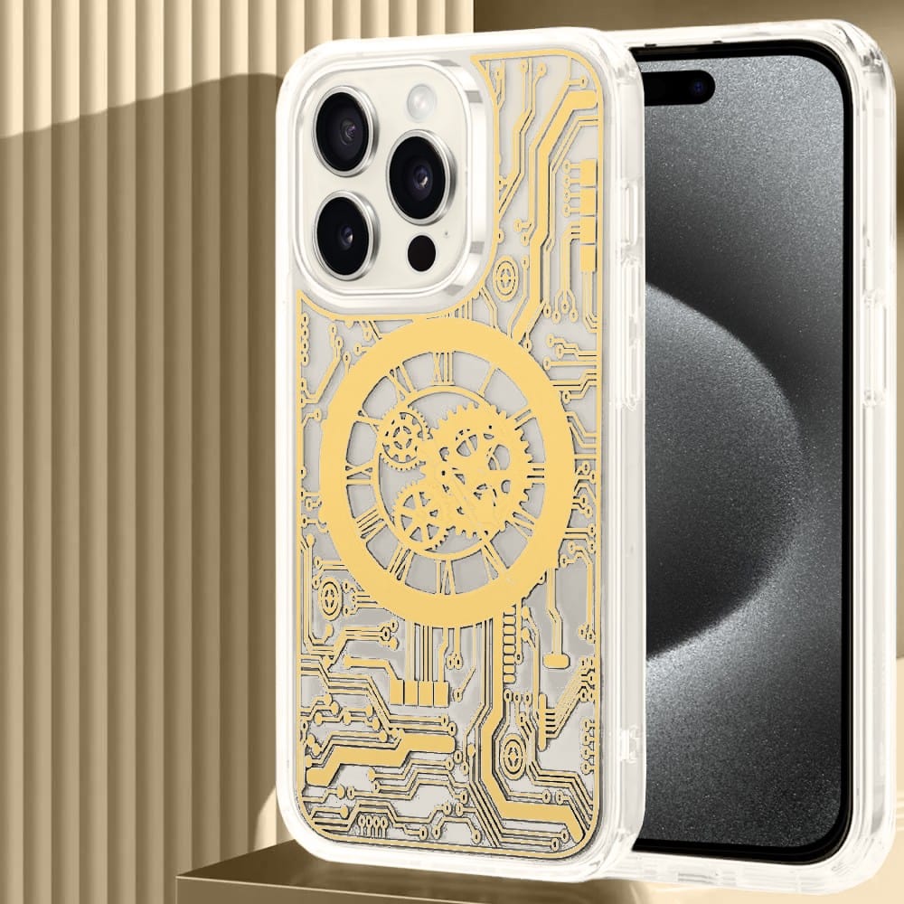 Etui do iPhone 15 Pro ClockWork MagSafe, przeźroczyste z mechanizmem w środku, złote