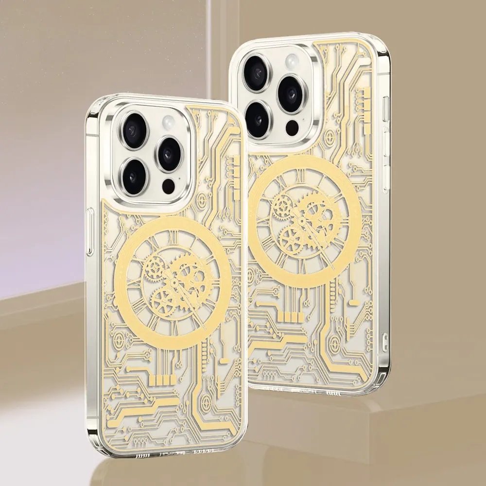 Etui do iPhone 15 Pro ClockWork MagSafe, przeźroczyste z mechanizmem w środku, złote