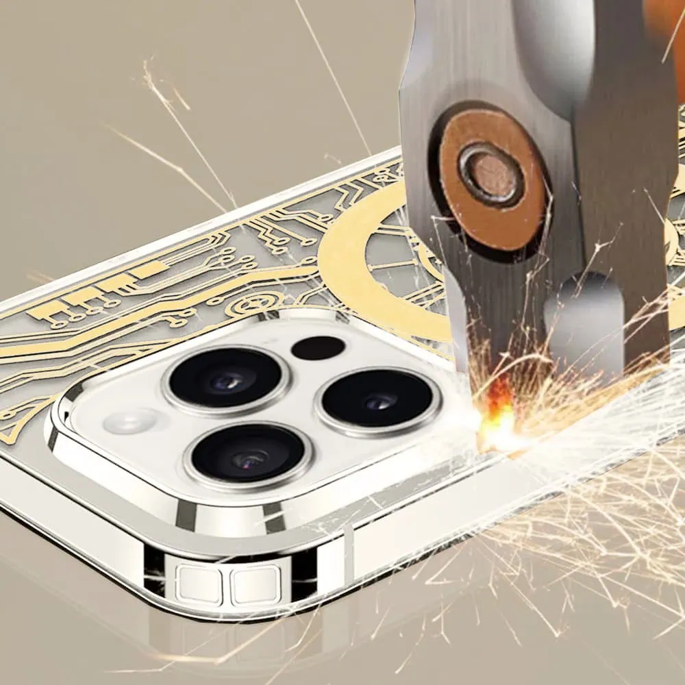 Etui do iPhone 15 Pro ClockWork MagSafe, przeźroczyste z mechanizmem w środku, złote