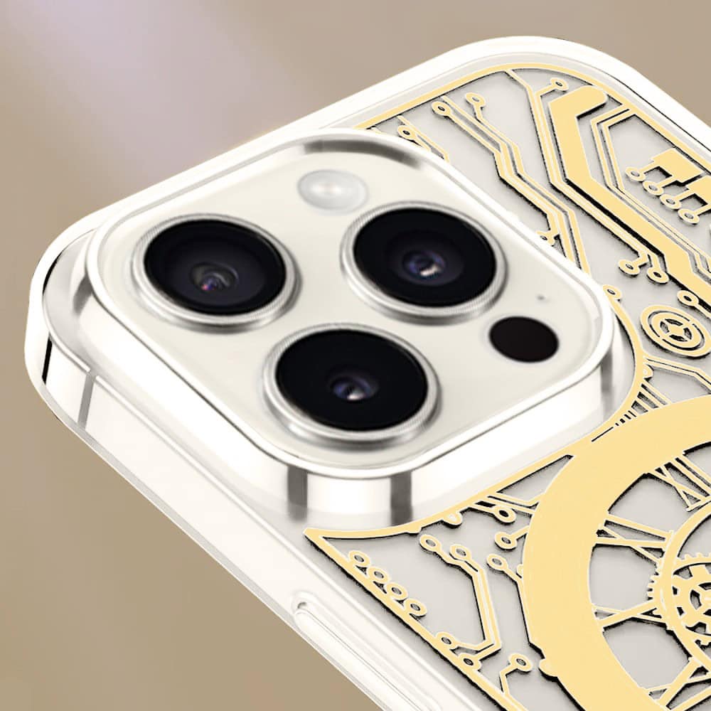 Etui do iPhone 15 Pro ClockWork MagSafe, przeźroczyste z mechanizmem w środku, złote