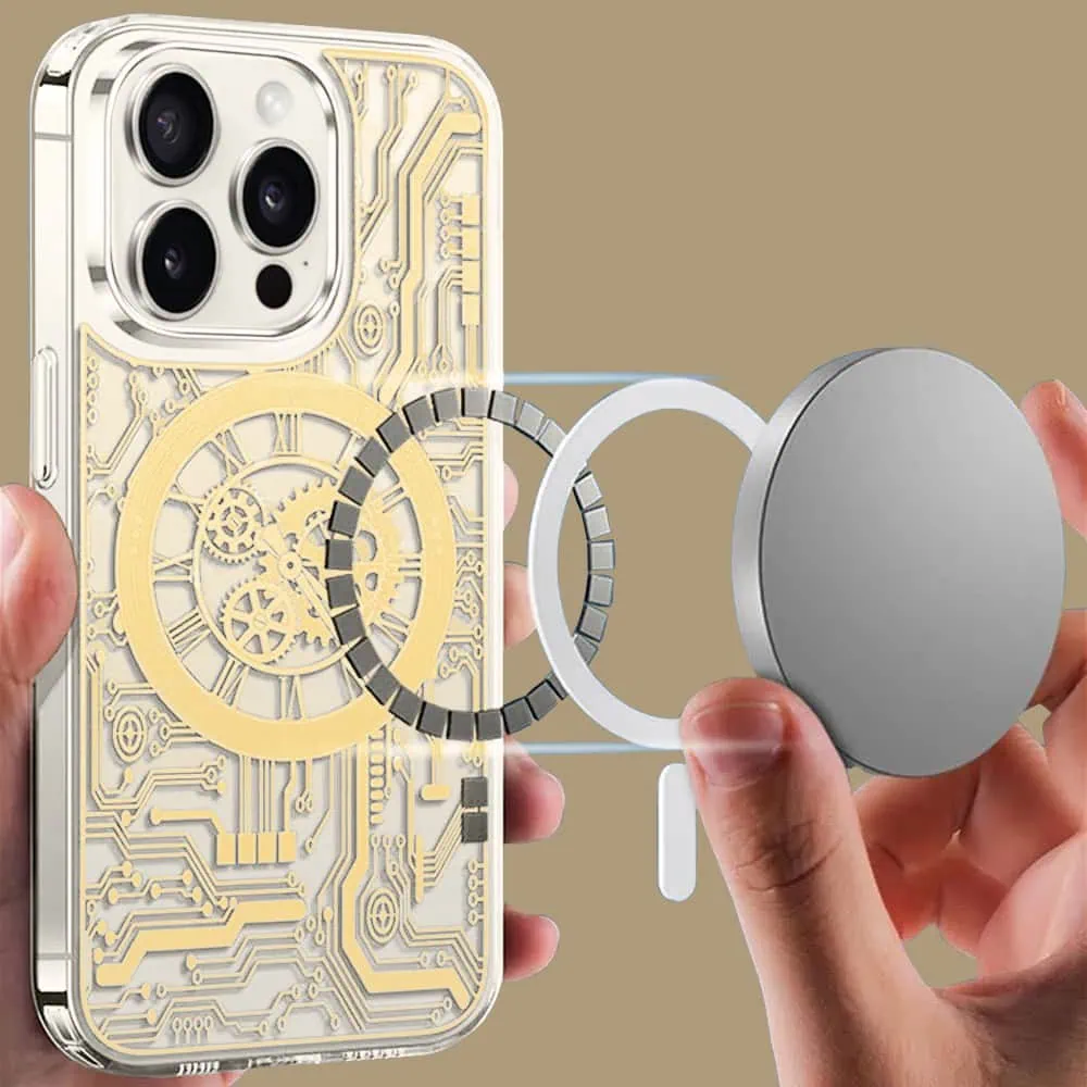 Etui do iPhone 15 Pro ClockWork MagSafe, przeźroczyste z mechanizmem w środku, złote