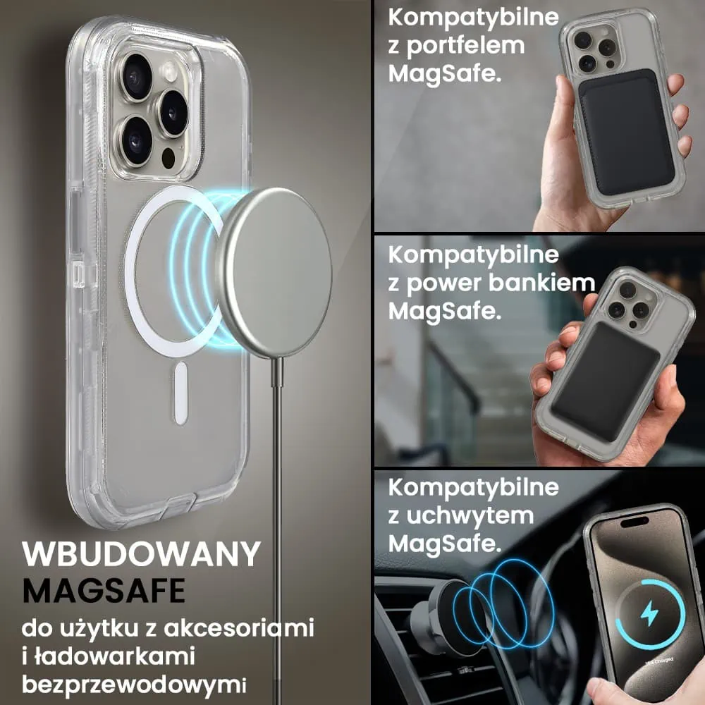 Etui do iPhone 15 Pro Crystal Armor Magsafe, Anti-Drop pancerne 3w1, szary szafir