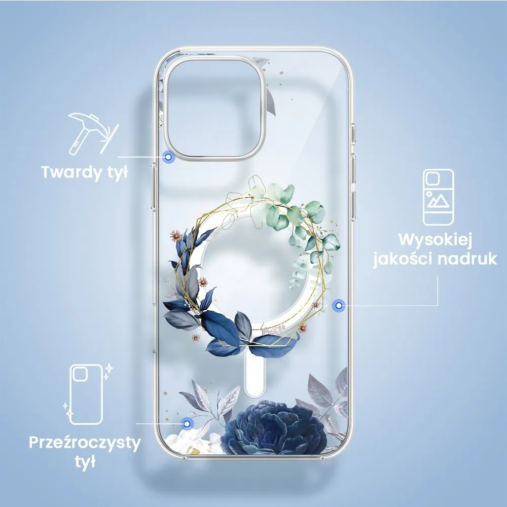 Etui do iPhone 15 Pro, Flower MagSafe, niebieskie kwiaty, przeźroczyste