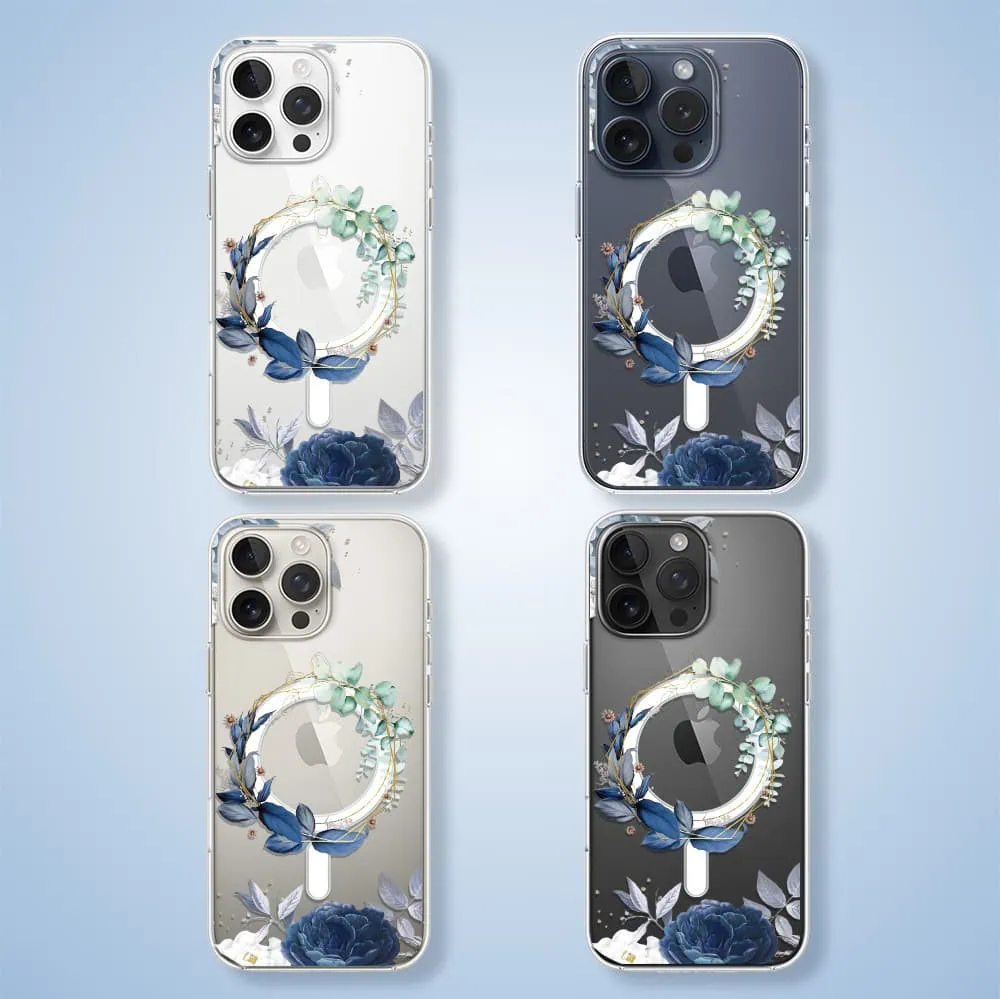 Etui do iPhone 15 Pro, Flower MagSafe, niebieskie kwiaty, przeźroczyste