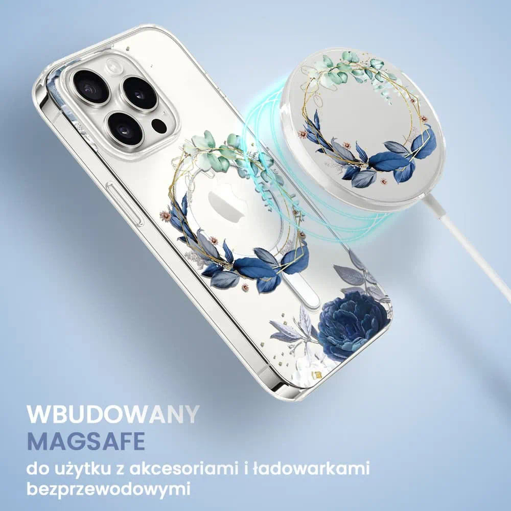 Etui do iPhone 15 Pro, Flower MagSafe, niebieskie kwiaty, przeźroczyste