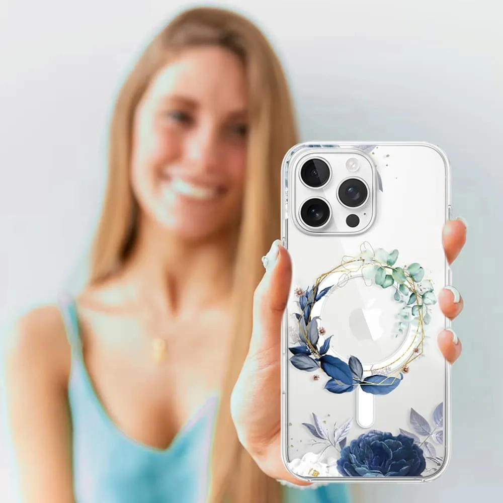 Etui do iPhone 15 Pro, Flower MagSafe, niebieskie kwiaty, przeźroczyste