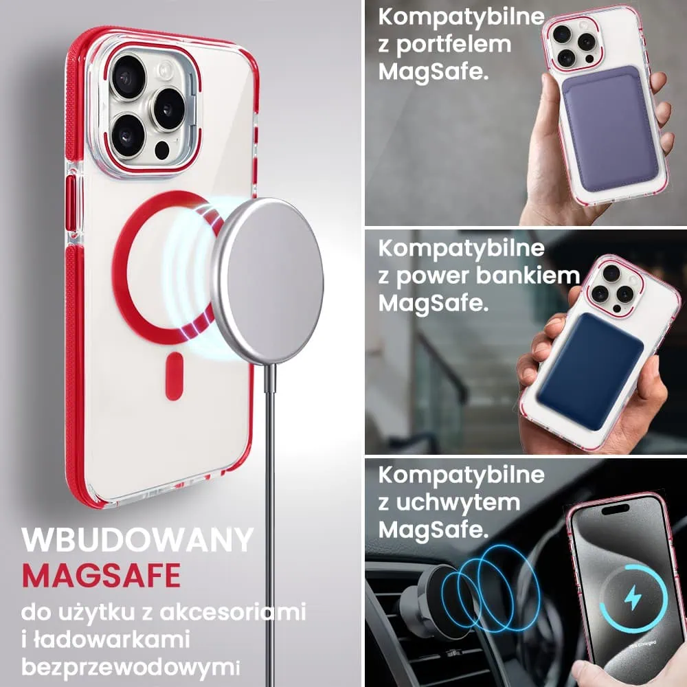 Etui do iPhone 15 Pro Hard Color MagSafe, twardy krystaliczny tył, z podstawką, czerwone