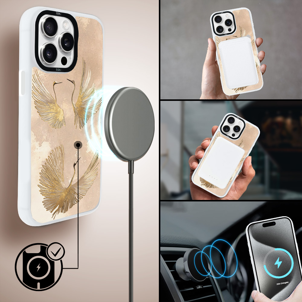 Etui do iPhone 15 Pro IBIZU DropGuard Matt z MagSafe, Boho, Złote żurawie