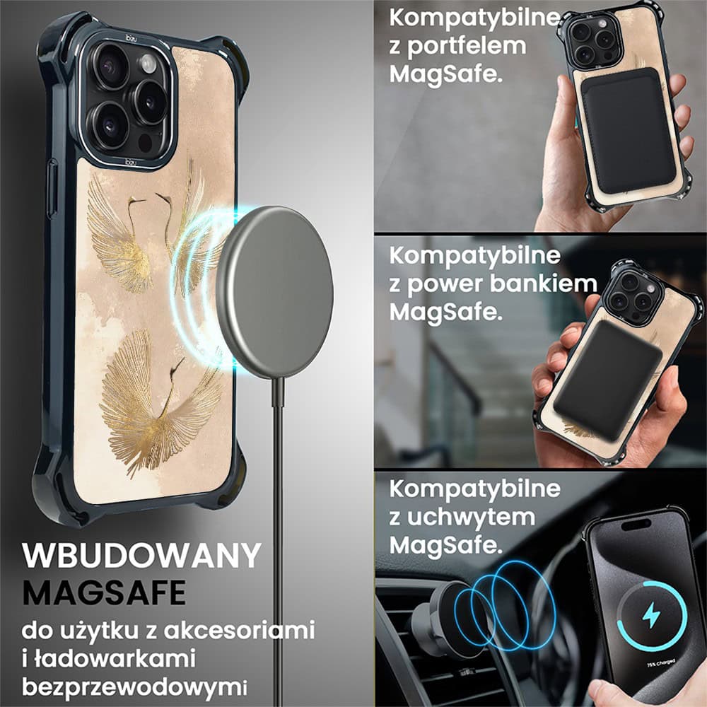 Etui do iPhone 15 Pro, Ibizu DropGuard Ultra z MagSafe, Boho, Złote żurawie