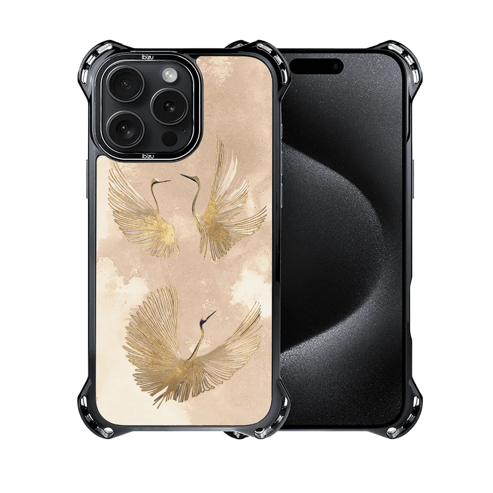 Etui do iPhone 15 Pro, Ibizu DropGuard Ultra z MagSafe, Boho, Złote żurawie