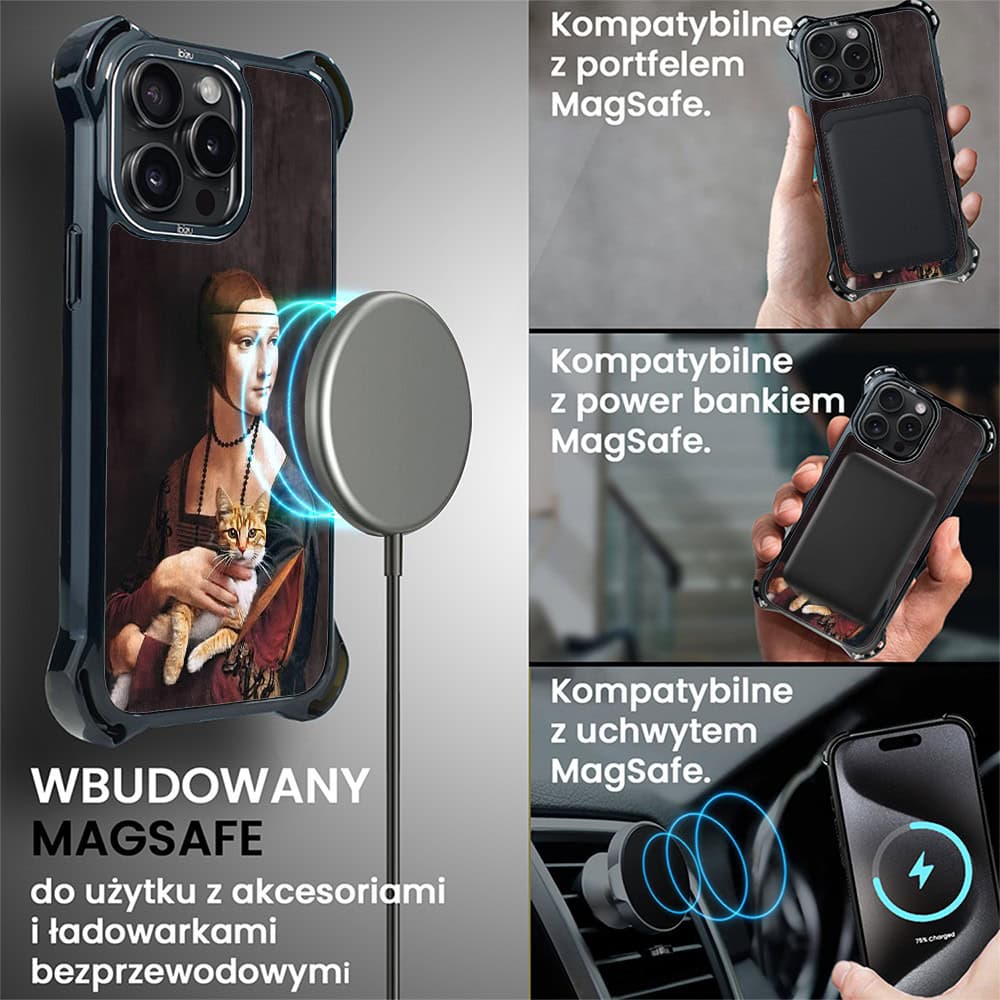 Etui do iPhone 15 Pro Max, Ibizu DropGuard Ultra z MagSafe, Leonardo Da Vinci, dama z kotem