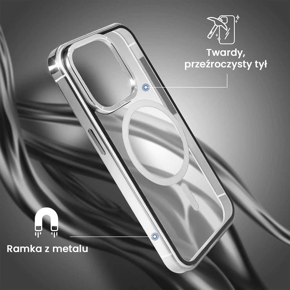 Etui do iPhone 15 Pro Max, Ibizu Elite Skin Cam Ring, krystalicznie czyste z metalową ramką, srebrne z Magsafe