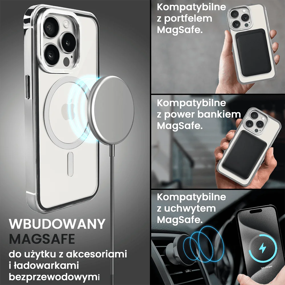 Etui do iPhone 15 Pro Max, Ibizu Elite Skin Cam Ring, krystalicznie czyste z metalową ramką, srebrne z Magsafe
