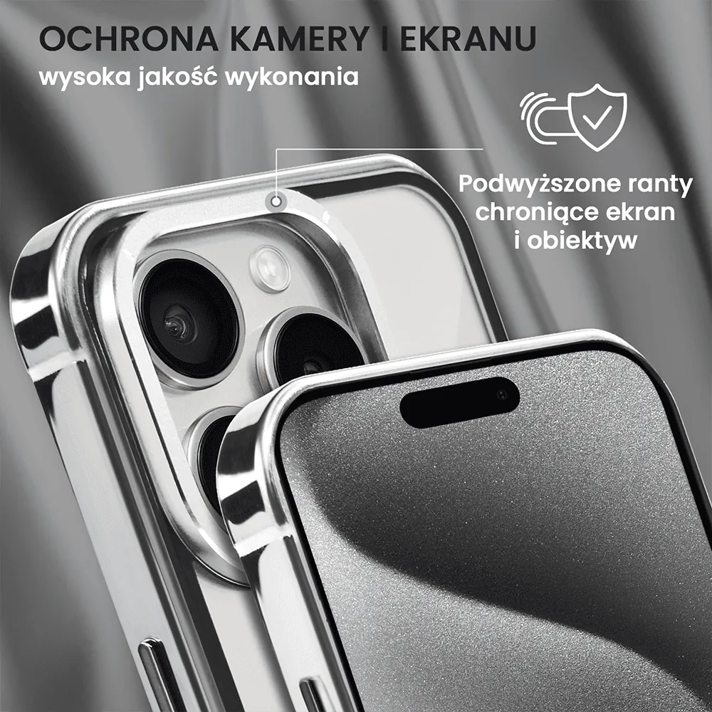 Etui do iPhone 15 Pro Max, Ibizu Elite Skin Cam Ring, krystalicznie czyste z metalową ramką, srebrne z Magsafe