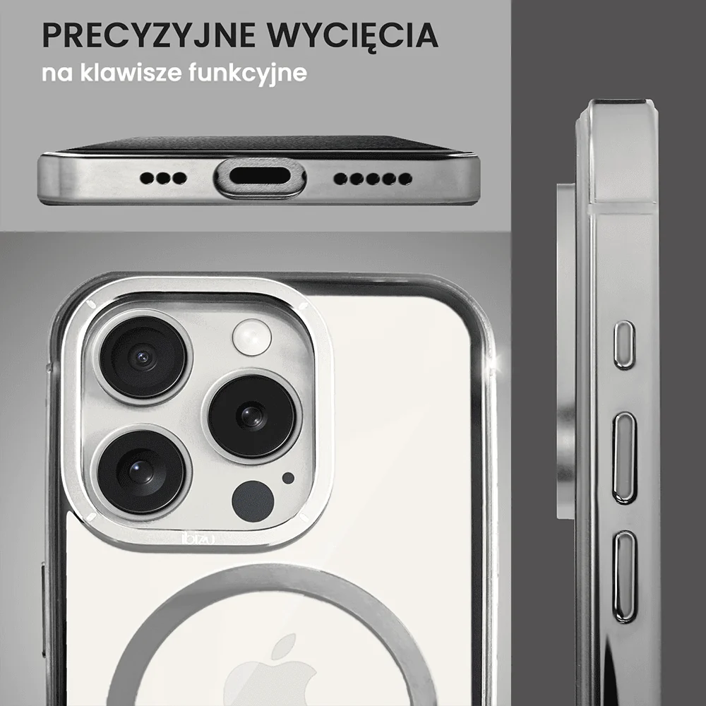 Etui do iPhone 15 Pro Max, Ibizu Elite Skin Cam Ring, krystalicznie czyste z metalową ramką, srebrne z Magsafe