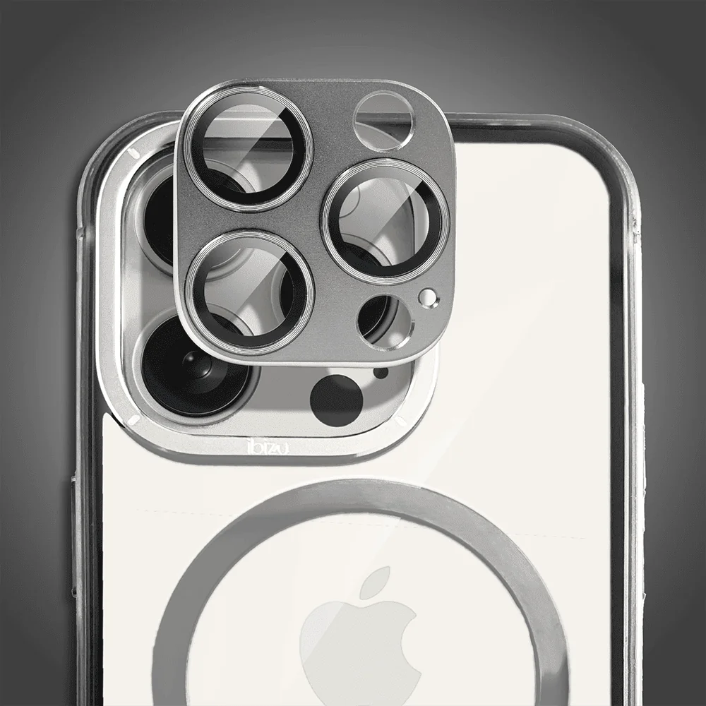 Etui do iPhone 15 Pro Max, Ibizu Elite Skin Cam Ring, krystalicznie czyste z metalową ramką, srebrne z Magsafe